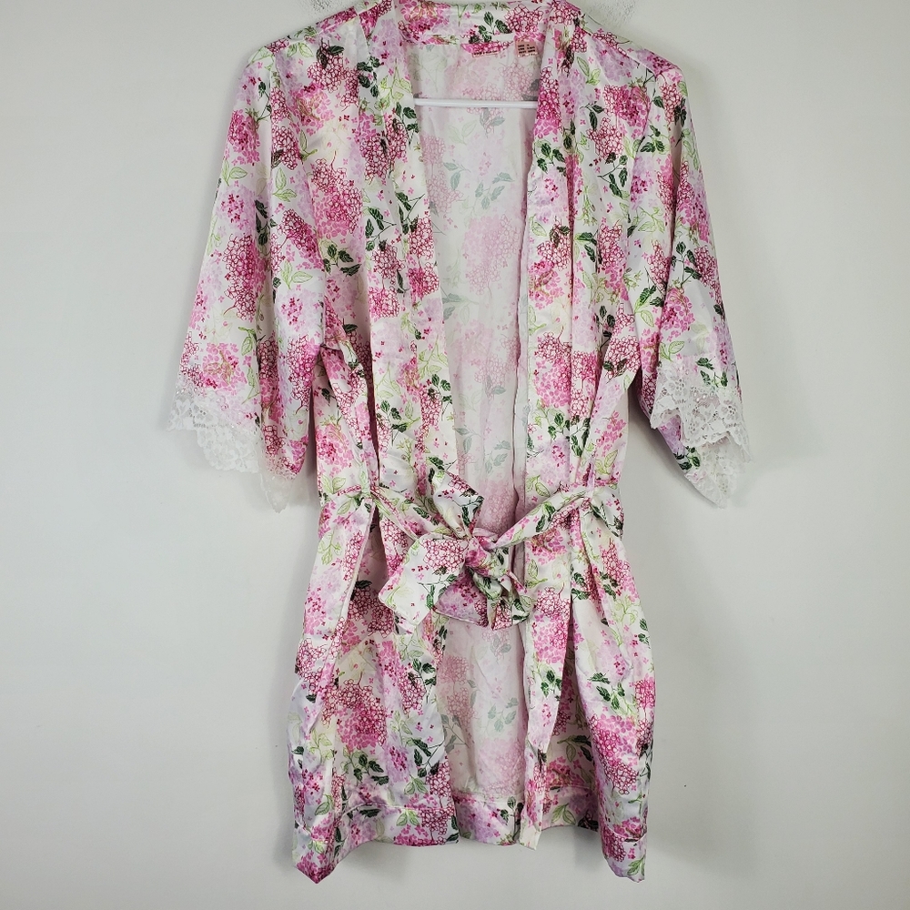 Esmara Floral Robe Womens Size M Satin Dressing Robe Lace Belted Pink Floral